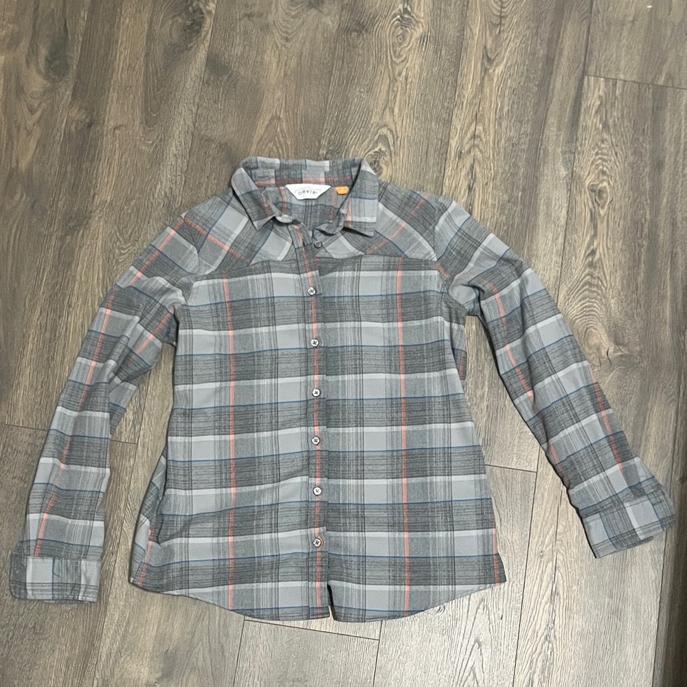 Orvis Gray Plaid Shirt with Coral and Blue Accents
